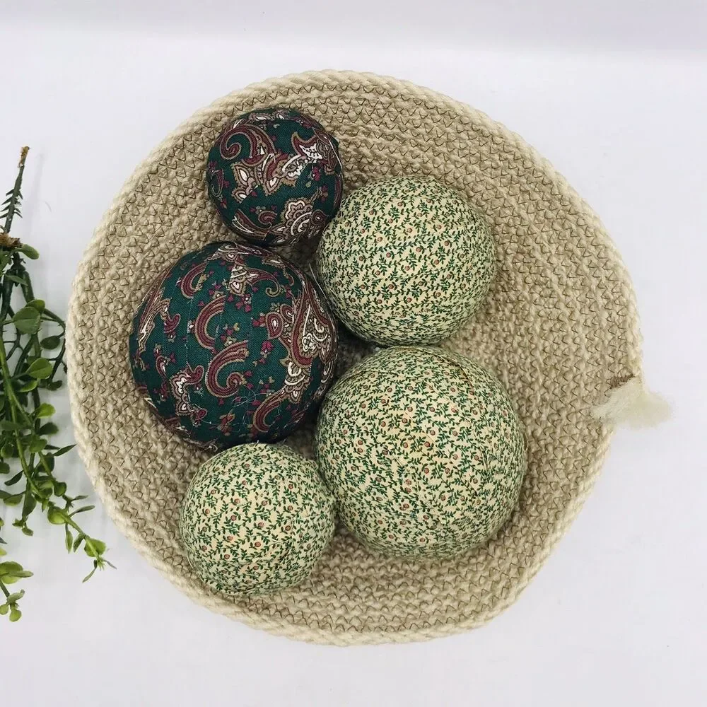Rope Basket Beige Cream with 5 Vintage Style Balls in Green Handmade 7x7x2.5